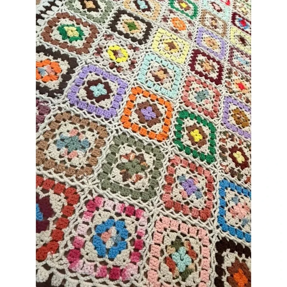 Handmade Crochet Granny Square Afghan Throw Blanket Vintage 50 x 74 Cottagecore